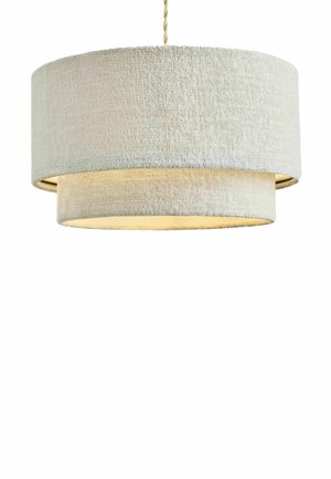Double-layered round fabric pendant light with textured off-white shades and a twisted cord hanging from above.