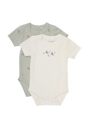Två kortärmade bodysuits. Den ena är ljusgrön med broderade kaniner och prickar, och den andra är krämfärgad med liknande mönster. Båda är tillverkade av mjuk bomull.