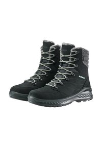 Czarne buty trekkingowe z szarym tekstylnym kołnierzem, z zielonymi sznurowadłami i oczkami, teksturowaną cholewką oraz wytrzymałą gumową podeszwą.