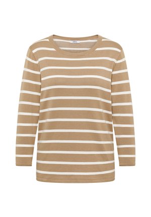 Beige en wit horizontaal gestreept shirt met lange mouwen, ronde hals en een label met de tekst "CECIL" bij de kraag.