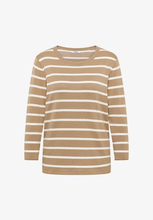 Beige en wit horizontaal gestreept shirt met lange mouwen, ronde hals en een label met de tekst "CECIL" bij de kraag.