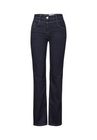 Jean en denim bleu foncé avec une coupe droite, des détails de couture subtils, des poches avant et une fermeture éclair avec un bouton métallique.