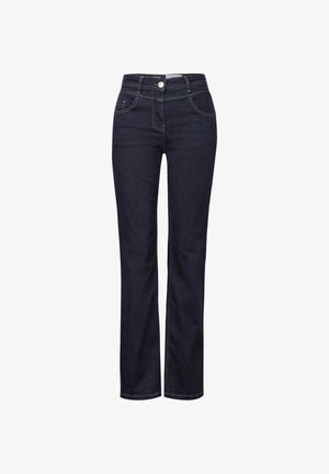 Tummansiniset farkut suoranlahkeisella designilla, huomaamattomilla ompeluista, etutaskuilla ja vetoketjulla, jossa on metallinen nappisulku.