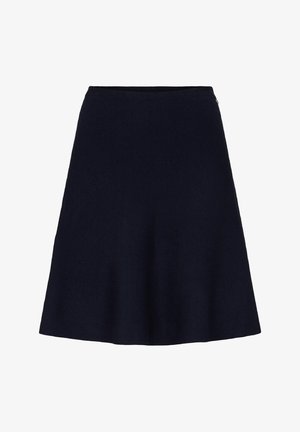 Dark navy blue A-line skirt with a simple waistband, smooth texture, and subtle flare at the hem.
