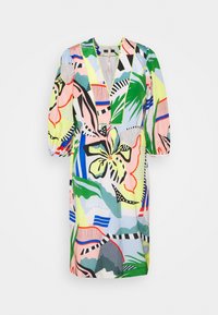 Abito a maniche corte con scollatura a V, vivaci motivi tropicali multicolori e una vestibilità comoda con un orlo leggermente svasato.