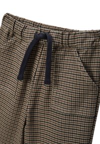 Jogging en plaid brun avec un taille élastique et un cordon de serrage bleu marine, comportant des poches latérales et un tissu doux et texturé.