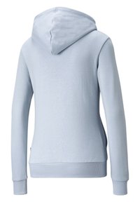 Sudadera azul claro con una textura suave, que presenta una capucha y puños ribeteados. Diseño de tela lisa con bolsillos laterales, silueta simple.