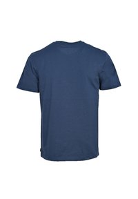 Camiseta de manga corta azul marino con cuello redondo y corte recto. Material de algodón con una textura suave y uniforme. Sin patrones ni acentos visibles.