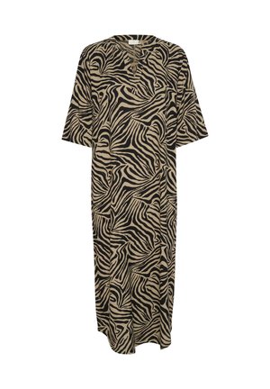 Robe à motif zèbre en beige et noir, avec un décolleté en V, des manches courtes et une coupe ample, fabriquée en tissu léger.
