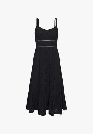 Schwarzkleid mit dünnen Trägern, bestickten Details, einem figurbetonten Oberteil und einem ausgestellten, gestuften Rock mit gleichmäßig verteilten Ausschnitten.