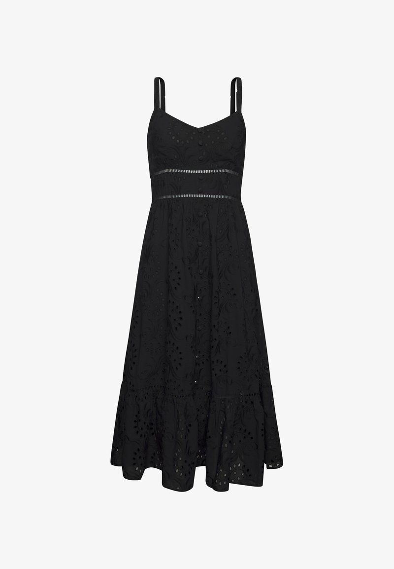 Schwarzkleid mit dünnen Trägern, bestickten Details, einem figurbetonten Oberteil und einem ausgestellten, gestuften Rock mit gleichmäßig verteilten Ausschnitten.