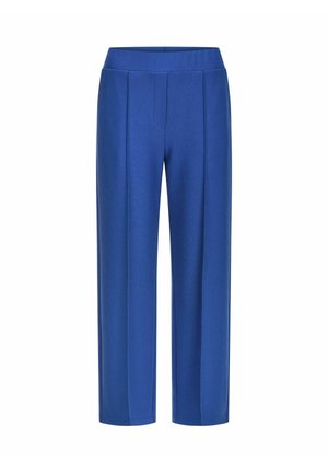 Pantaloni blu a gamba dritta con vita alta e dettagli a piega frontale, mostrati su uno sfondo bianco.