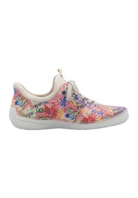 Sneaker mit floralem Muster in Pink-, Blau- und Grüntönen. Verfügt über graue Schnürsenkel, eine hellgraue Sohle und eine Schlaufe an der Ferse für einfaches Anziehen.
