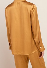 Camicia in raso a maniche lunghe di un caldo marrone dorato. Presenta un colletto classico e polsini con bottoni decorativi. Texture liscia.