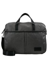 Grå canvas laptop taske med sorte læderdetaljer, udstyret med dobbelte håndtag, justerbar skulderrem og to frontlommer.