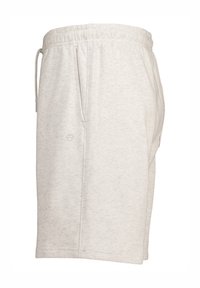 Vaaleat harmaat, teksturoidut puuvillashortsit, joissa on elastinen vyötärö, naru, sivutaskut ja pieni logotyyppinen yksityiskohta vasemmassa alakulmassa.