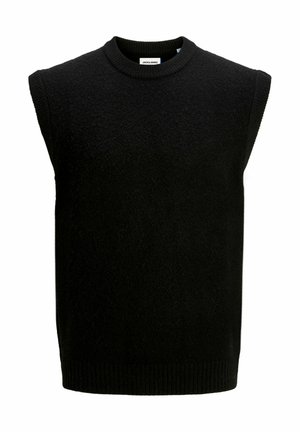Zwarte mouwloze trui met een ronde halslijn, gemaakt van textuurstof, met ribgebreide zoom en armsgaten. Eenvoudig en minimalistisch ontwerp.