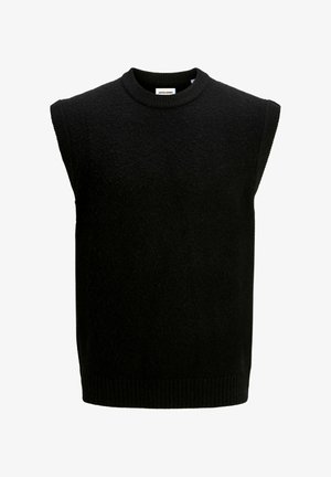 Pull sans manches noir avec col rond, en tissu texturé, présentant des bords côtes à l'ourlet et aux emmanchures. Design simple et minimaliste.