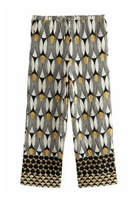 Pantalon à jambes larges en motif noir, blanc et or ; avec une taille élastique et des dessins géométriques avec des formes et textures alternées.
