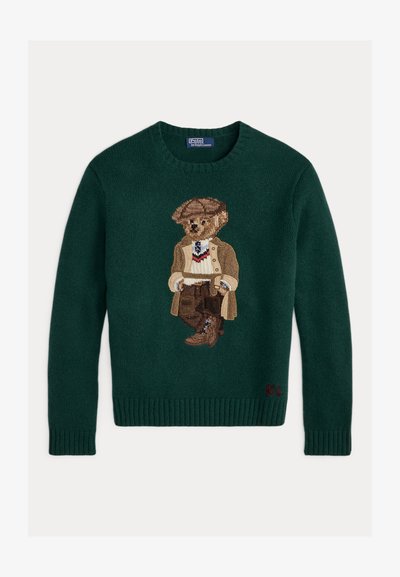 Zielony sweter z dzianiny z motywem niedźwiedzia w brązowym płaszczu i wzorzystymi detalami, okrągły dekolt oraz ściągacze na rękawach i u dołu. Wyszywane logo u dołu.