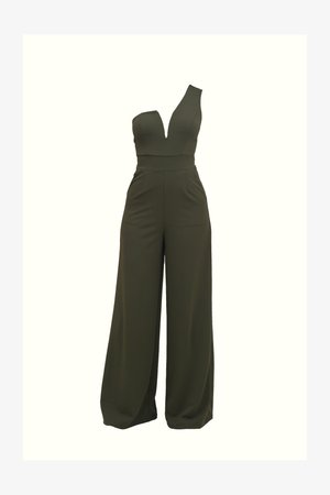 Oliivinvihreä haalari, jossa on syvä V-pääntie, leveät lahkeet ja istuva vyötärö. Valmistettu sileästä kankaasta, jossa ei ole näkyviä kuvioita tai koristeita.