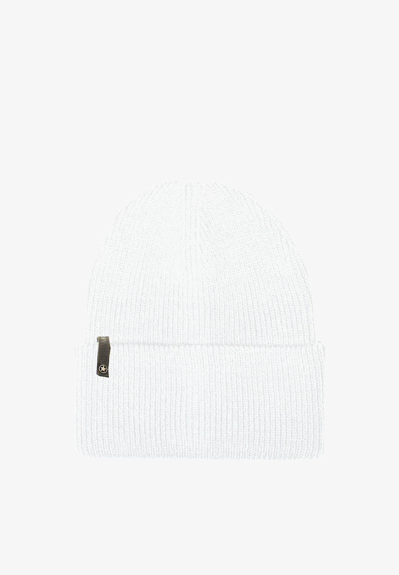 White knit beanie hat featuring a ribbed texture, fold-over cuff, and a small black fabric label with a logo on the side.