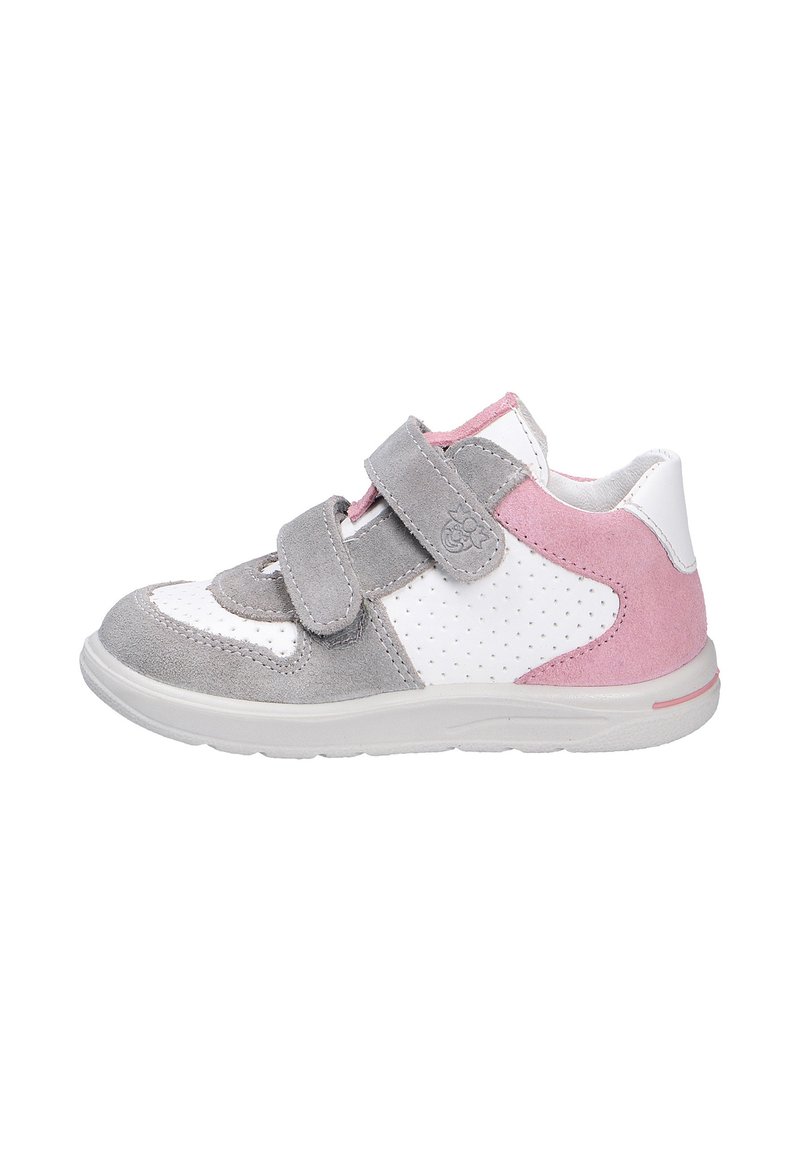 Children's sneaker in grey, white, and pink. Velcro straps, suede and synthetic materials, perforated detailing, and a padded collar.