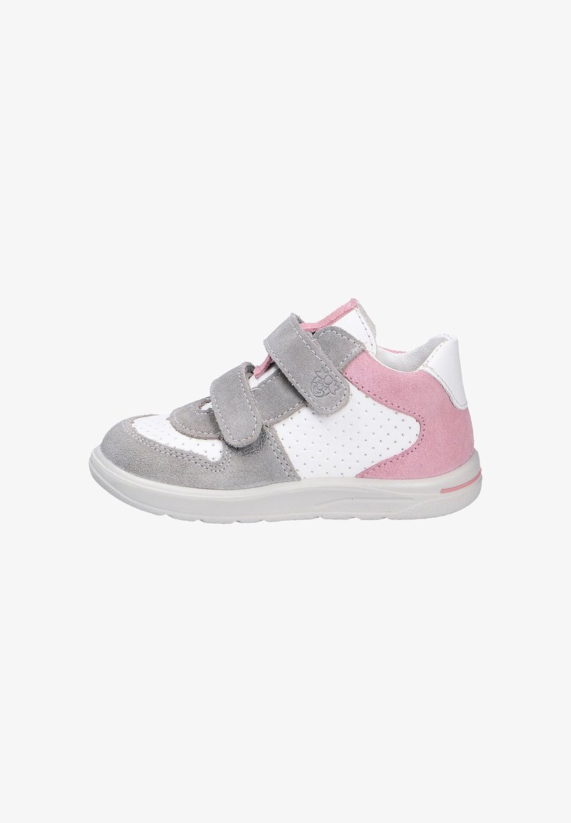 Children's sneaker in grey, white, and pink. Velcro straps, suede and synthetic materials, perforated detailing, and a padded collar.