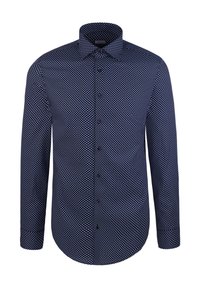 Camicia blu navy con un piccolo motivo a pois bianchi. Presenta un colletto a punta e maniche lunghe con un orlo curvo. Realizzata in un misto cotone.