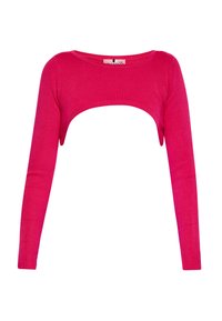 Růžový žebrovaný dlouhý rukáv cropped top s otevřeným středovým výřezem a zaobleným výstřihem, s přiléhavými rukávy a texturovanou tkaninou.