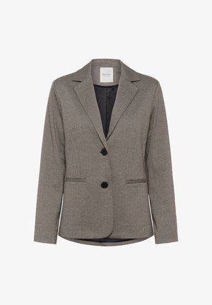 Herringbone patterned blazer in gray and black, featuring a notched lapel, two front pockets, and two buttons. Smooth texture, unlined interior.