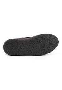 Black rubber shoe sole with a textured, bumpy surface. Features a rounded toe and a flat heel. Stamped size and logo details visible.