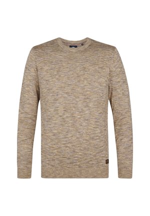Pulover tricotat în bej cu un model texturat subtil. Prezintă un guler rotund și manșete și tiv cu model în relief. Logo mic pe partea inferioară.