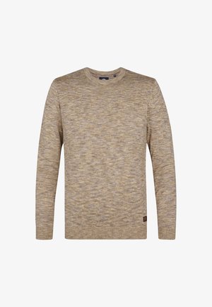 Beige Strickpullover mit dezentem Strukturmuster. Verfügt über einen runden Halsausschnitt sowie gerippte Bündchen und Saum. Kleines Logo an der unteren Seite.