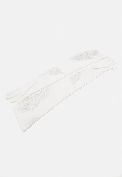 Bijele rukavice glatke teksture, s uzorkom srebrnih perja. Dugog su kroja, elegantnog dizajna i bez dodatnih ukrasa.