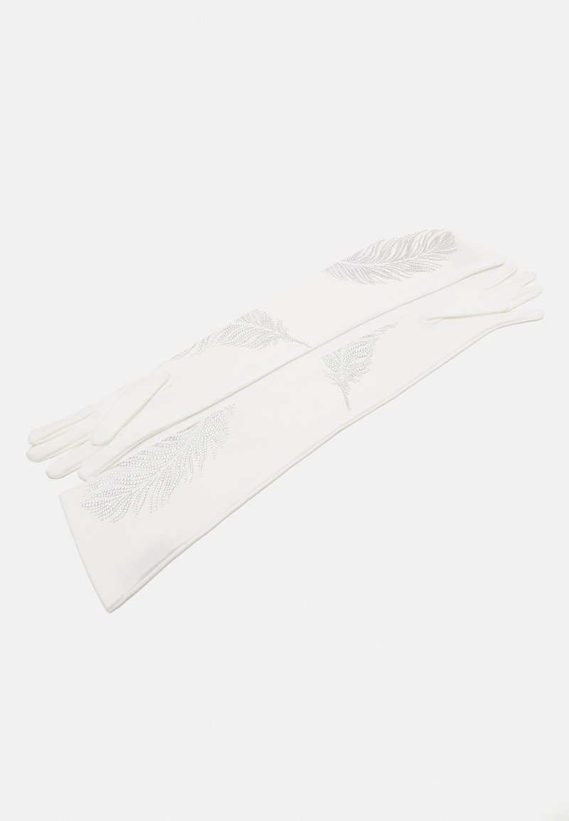 Witte handschoenen met een zachte textuur, voorzien van zilveren veerpatronen. Lange lengte, slank design en geen extra versieringen.