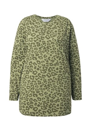 Langarmshirt in olijfgroen met een panterprint. Zacht, lichtgewicht stof met een ronde halslijn en een losse pasvorm.