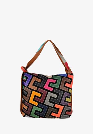 Colorful patterned shoulder bag with a mix of geometric shapes, crafted from textured fabric, featuring a brown strap and accent details.