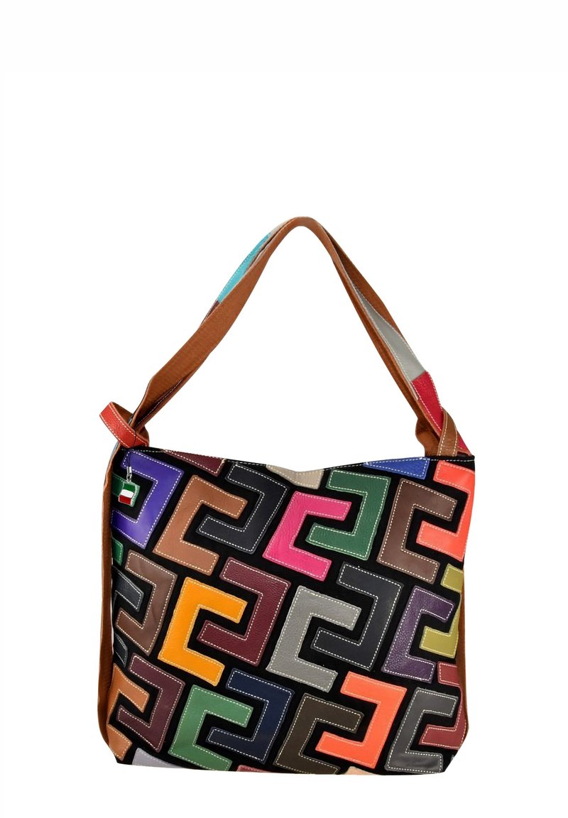 Sac à épaule coloré à motifs avec un mélange de formes géométriques, fabriqué en tissu texturé, doté d'une sangle marron et de détails accentués.