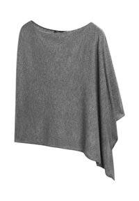 Gray knitted asymmetrical poncho with a loose fit and wide neckline, displayed on a white background.