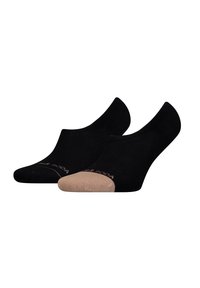 Calcetines cortos negros con la sección del dedo en color beige. Hechos de un tejido suave, cuentan con una textura acanalada y un detalle de color contrastante en la punta.