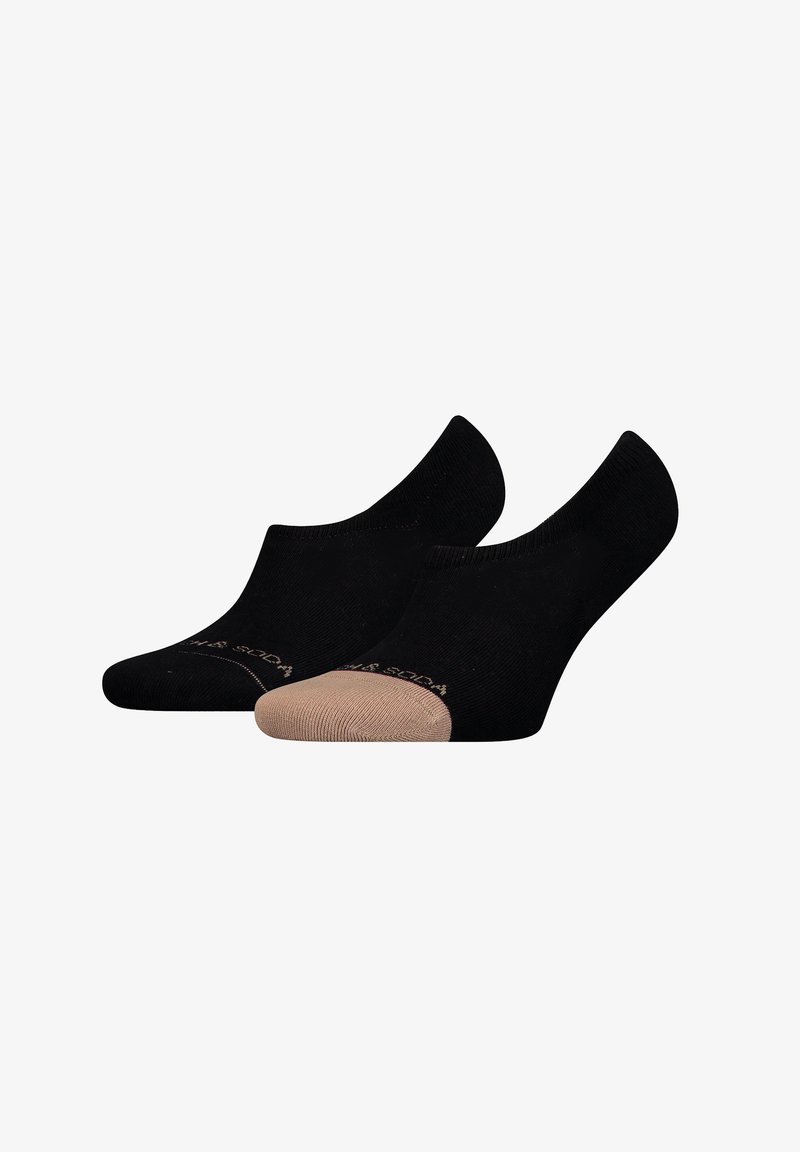 Schwarze, niedrig geschnittene Socken mit einem beigen Zehenbereich. Hergestellt aus weichem Stoff, mit einem gerippten Muster und kontrastreichem Farbdetail an der Zehe.