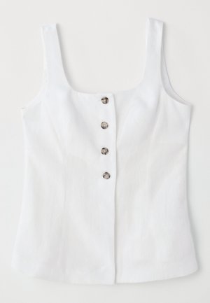 White linen top with a square neckline, five metallic buttons down the front, and wide shoulder straps. Smooth texture and tailored fit.