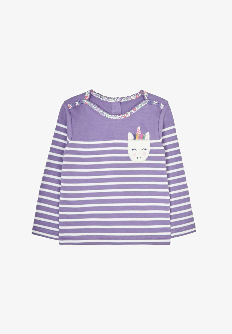 Pitkähihainen violetti paita, jossa valkoiset raidat, kukkakoriste kaula-aukossa ja yksisarvisen kasvot taskudetaljina. Puuvillaa.