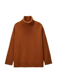 Pull en maille marron à col roulé avec des poignets et un ourlet côtelés. Coupe décontractée, tissu texturé et design à col haut.