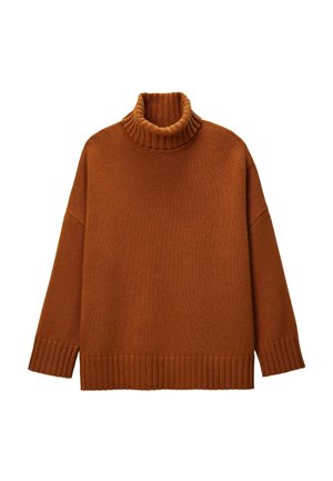Pull en maille marron à col roulé avec des poignets et un ourlet côtelés. Coupe décontractée, tissu texturé et design à col haut.