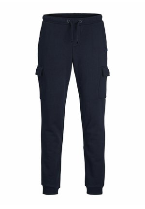 Navyblauwe sweatpants van zacht materiaal, met een elastische tailleband, een trekkoord en zijcargo zakken voor extra opbergruimte.