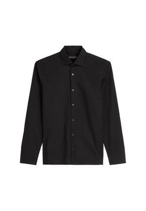 Black long-sleeve shirt made of fabric with a smooth texture. Features a pointed collar, button front, and subtle logo on the chest.