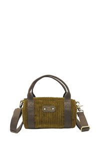 Sac à main en velours côtelé vert olive avec des anses en tissu marron. Il présente une forme arrondie, une fermeture éclair et un détail logo métallique à l'avant.