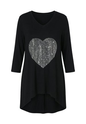 Black tunic with a V-neck and three-quarter sleeves. Features a large silver rhinestone heart design on the front. Soft, flowing fabric.